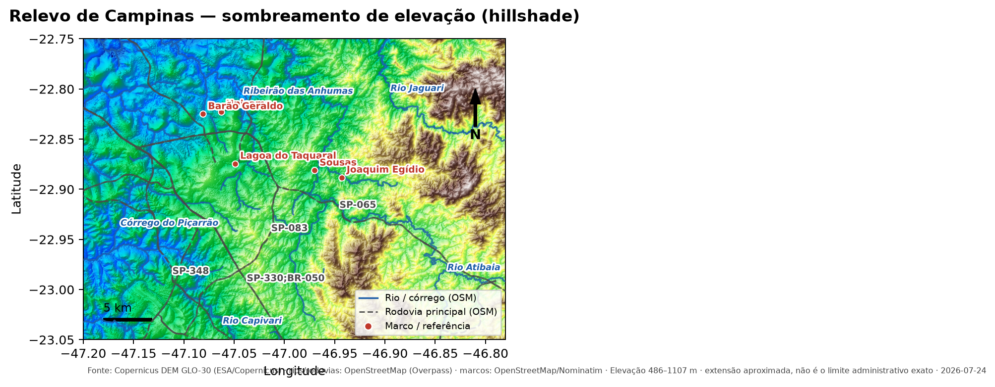 Mapa de relevo de Campinas (hillshade, Copernicus DEM GLO-30)